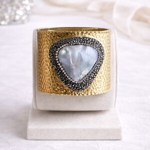 Gold Hammered Cuff Bracelet with Pearl Accent